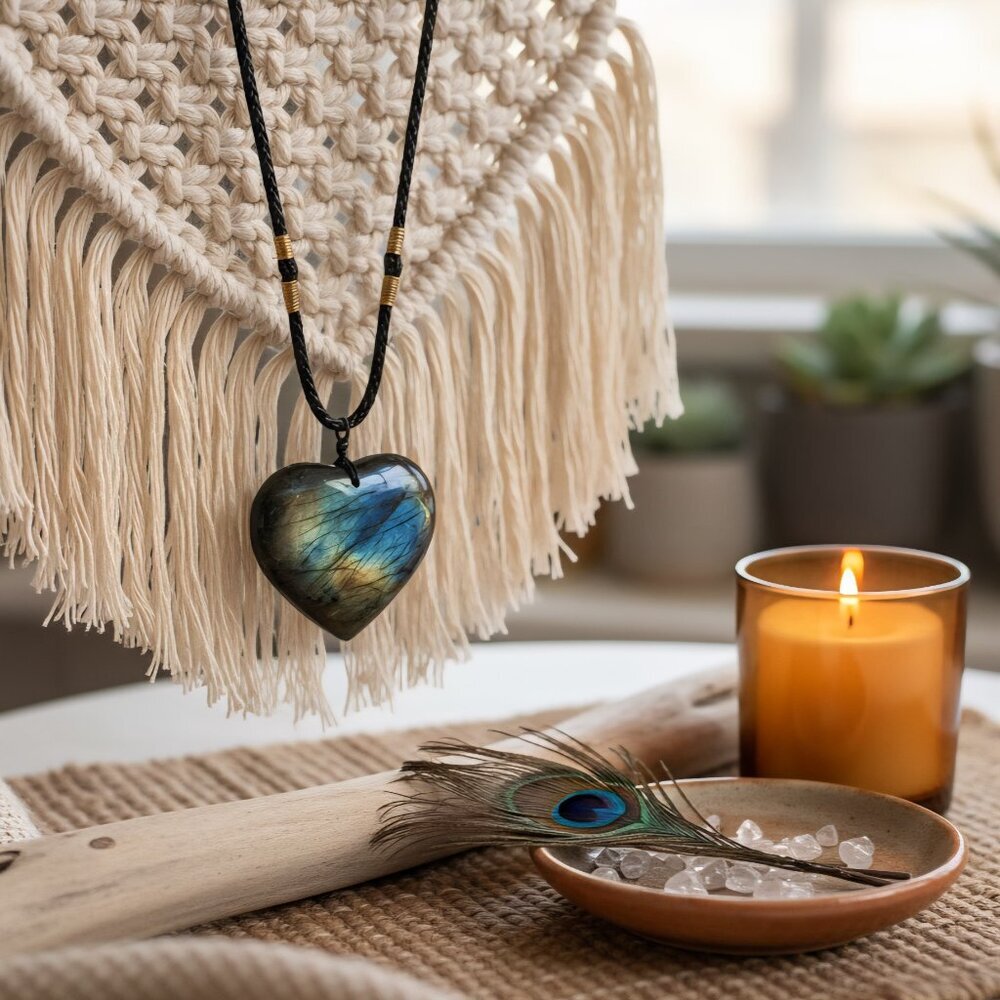 Labradorite Heart Pendant Necklace Adjustable Handmade Boho Whimsigoth Crystal